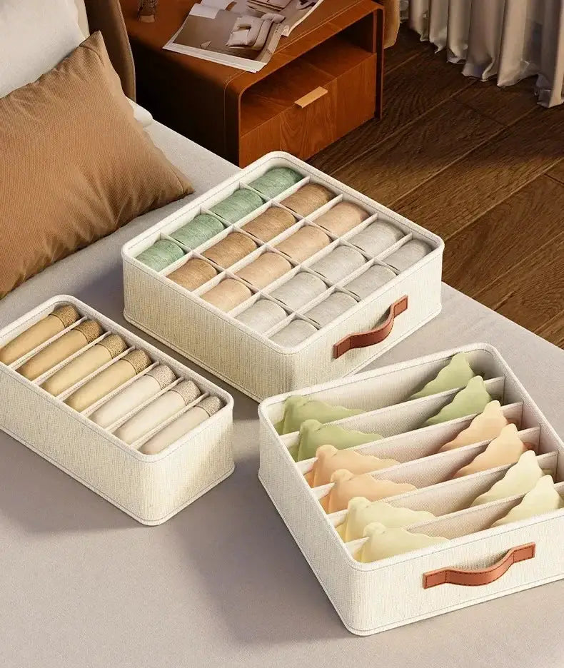 Fabric drawer organizers with dividers; set of 3 beige storage boxes for underwear, socks and bras