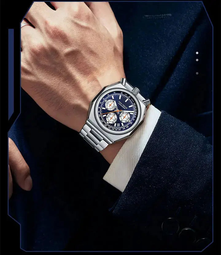MINI FOCUS men's chronograph quartz wristwatch with blue dial and stainless steel strap