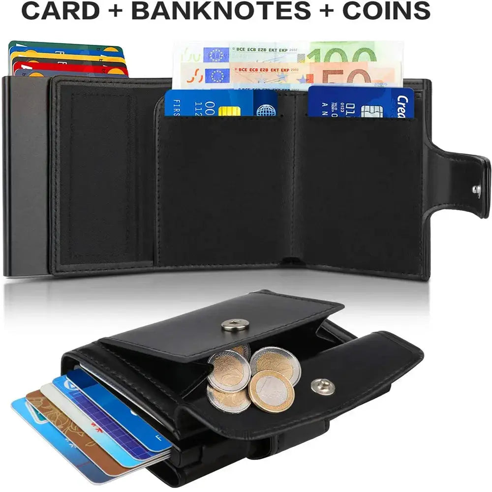 RFID microfiber leather men's black trifold wallet Simples Market with slim card holder and coin pocket