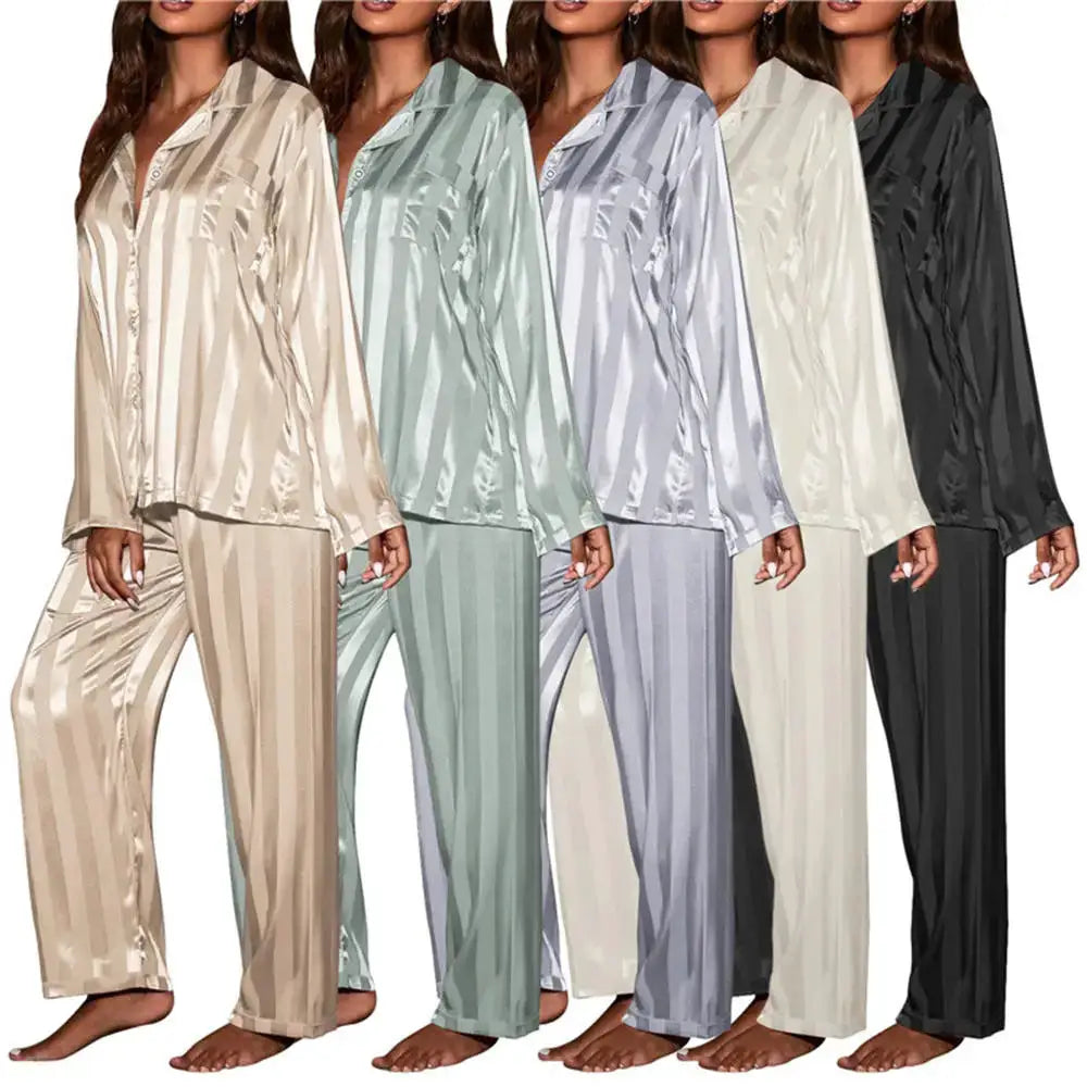 LuxeNest Womens Striped Satin Pajama Set Loose Fit All Season Comfort In Breathable Imitation Silk Polyester