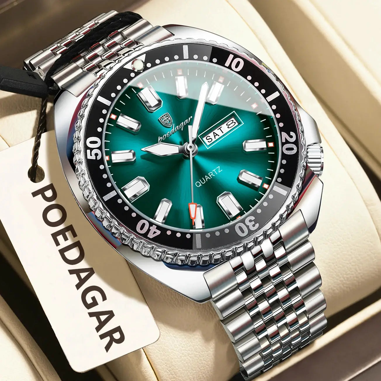 POEDAGAR luxury stainless steel men's watch with green dial, day/date window, and metal bracelet.