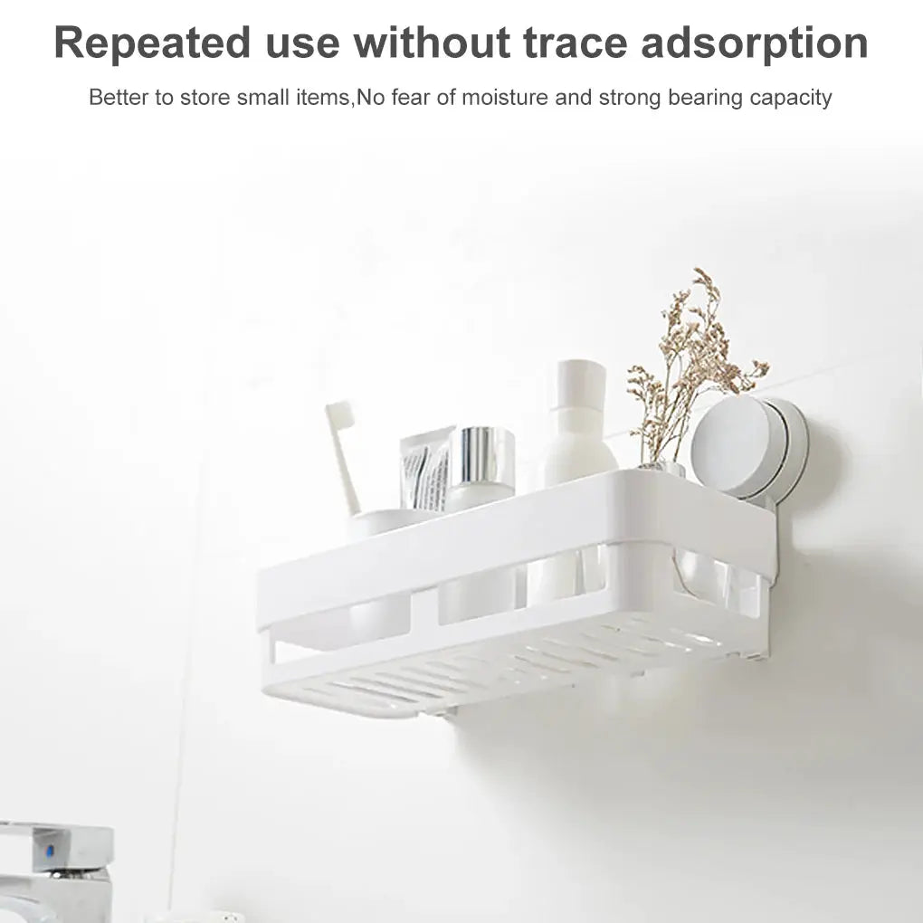 Shower suction-cup shelf basket; white wall-mounted bathroom storage rack with draining basket