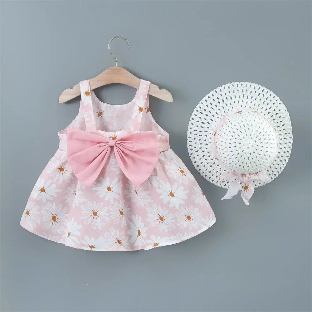 Baby Girl Summer Dress With Bow And Daisy Print Suspender Beach Outfit Hat Included Cute Casual Clothes