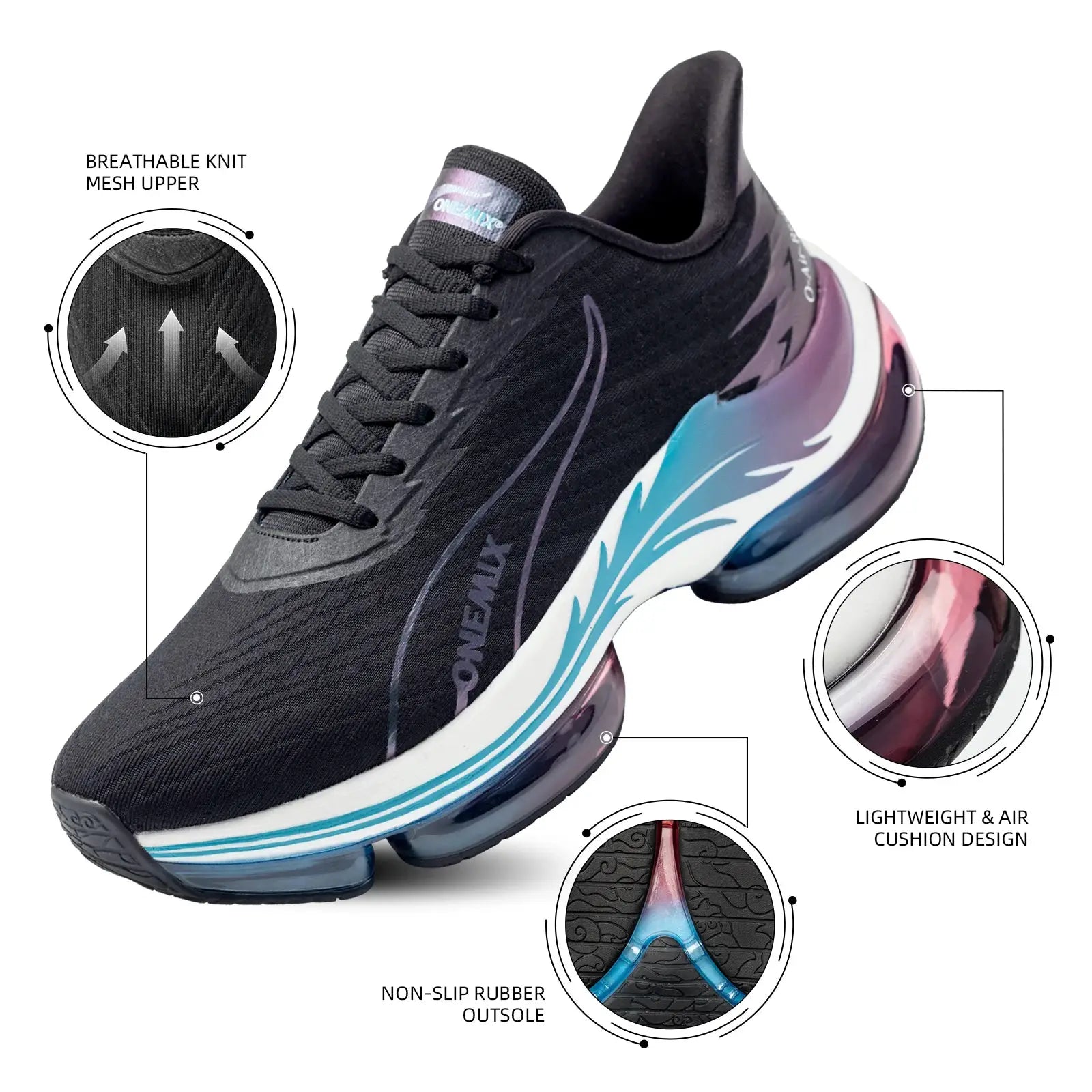 ONEMIX men's black running shoes with breathable mesh upper and blue gradient air-cushioned outsole