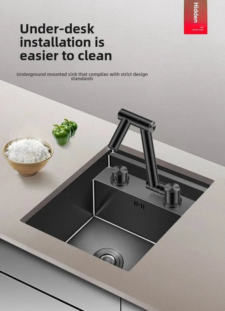 Bar sink by Simples Market, 304 stainless steel with black dual-handle faucet and single basin.