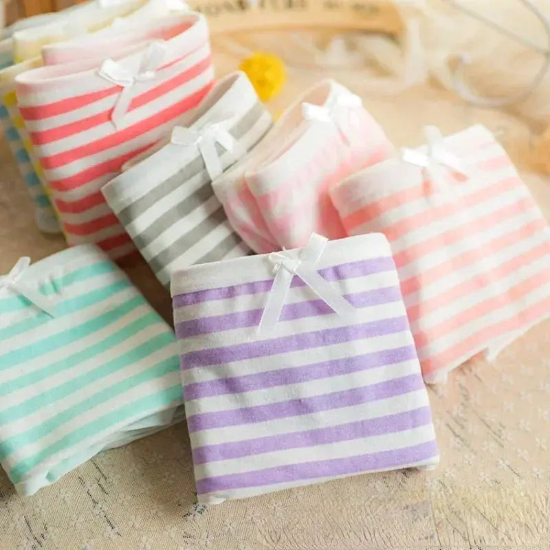 Pastel striped bow-tied girls' panties set in mint, lavender, pink, blue, and gray