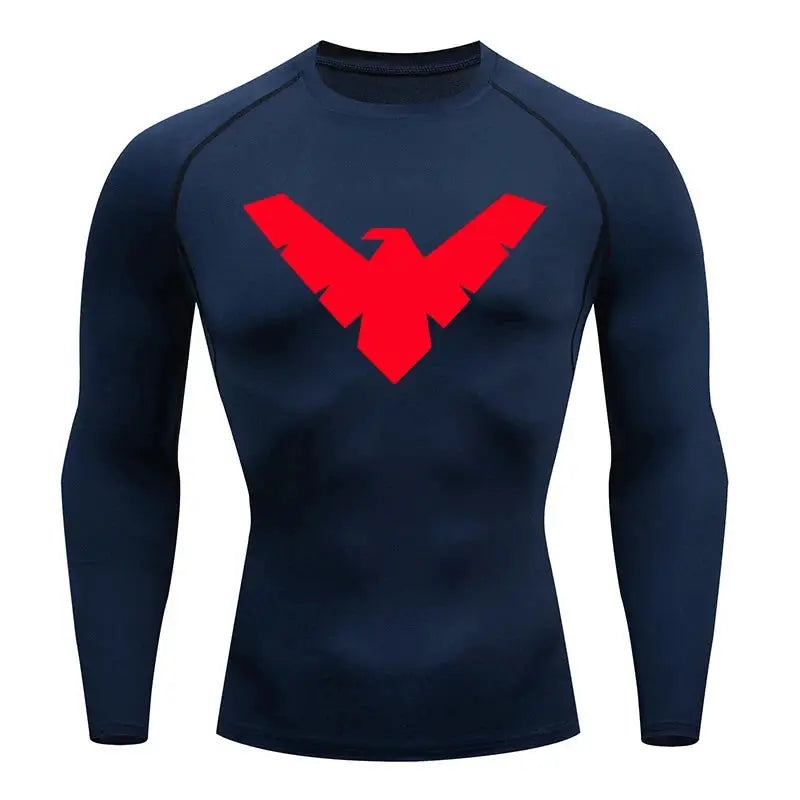 Men's navy long-sleeve compression shirt by Simples Market with red geometric logo.