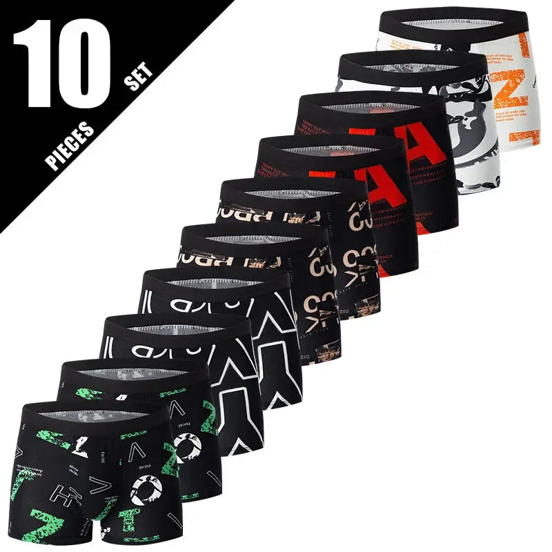 10-piece Simples Market men's printed boxer shorts set in assorted black with multicolor graphics