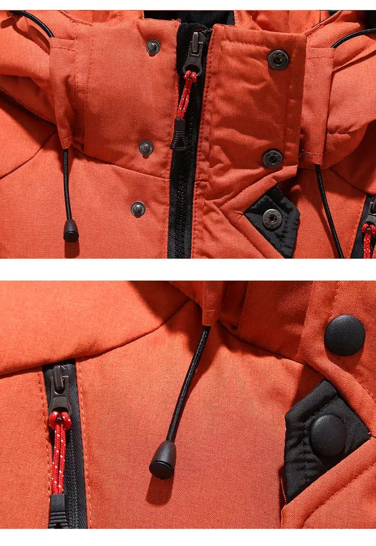 Simples Market men's orange down puffer jacket with hood, zip closure and snap buttons