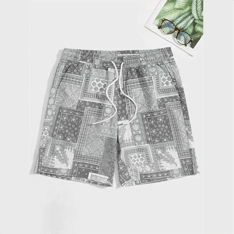 Trend Bandana Graphic Beach Shorts for Men with gray-and-white bandana print and drawstring waist