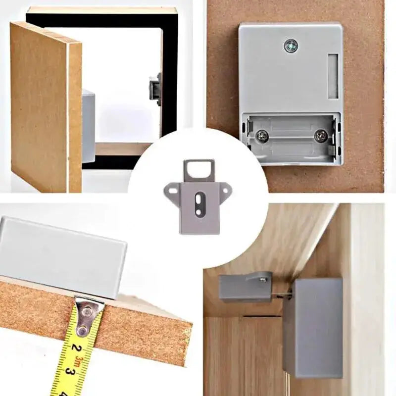 Smart invisible RFID cabinet lock from Simples Market with hidden installation, no drilling, grey metal.