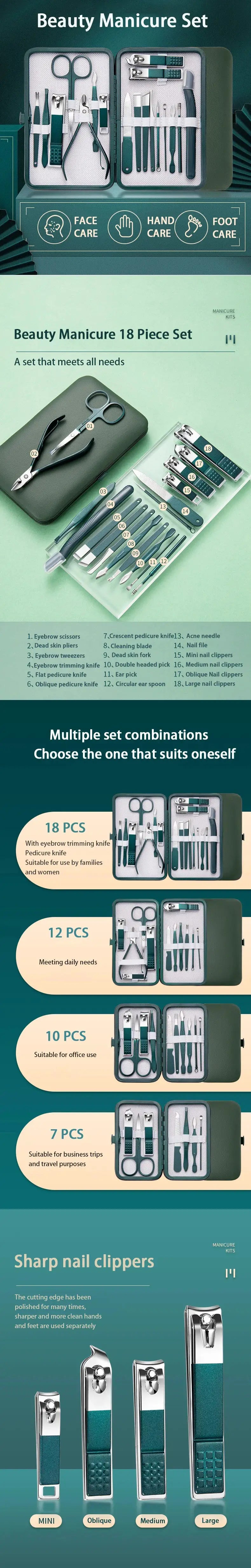 Manicure and pedicure kit by Simples Market, 18-piece stainless steel set with green travel case