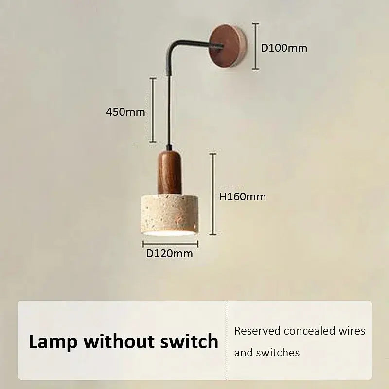 Wall lamp with peach wood color and natural stone shade, bedside LED sconce