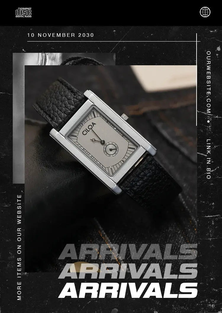 Square men's watch with silver-tone case and black leather strap by Simples Market quartz timepiece.
