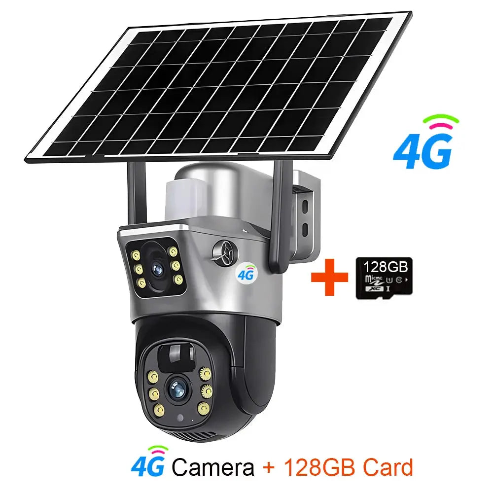 Simples Market 4G WiFi solar outdoor camera with dual lenses, 8MP/4K, PIR night vision; includes 128GB card