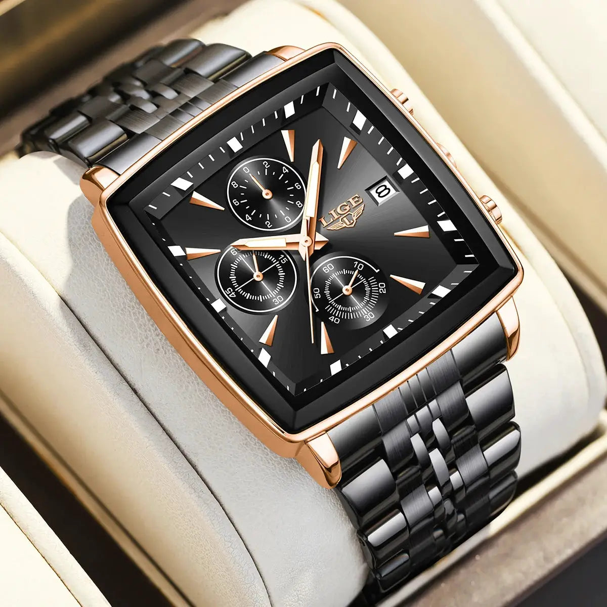 LIGE men's square-dial watch with rose-gold case, black dial, chronograph subdials, date window, and two-tone bracelet