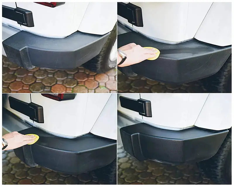 Simples Market Plastic Restorer Back To Black car bumper detailing; applying yellow pad to restore dark glossy plastic.