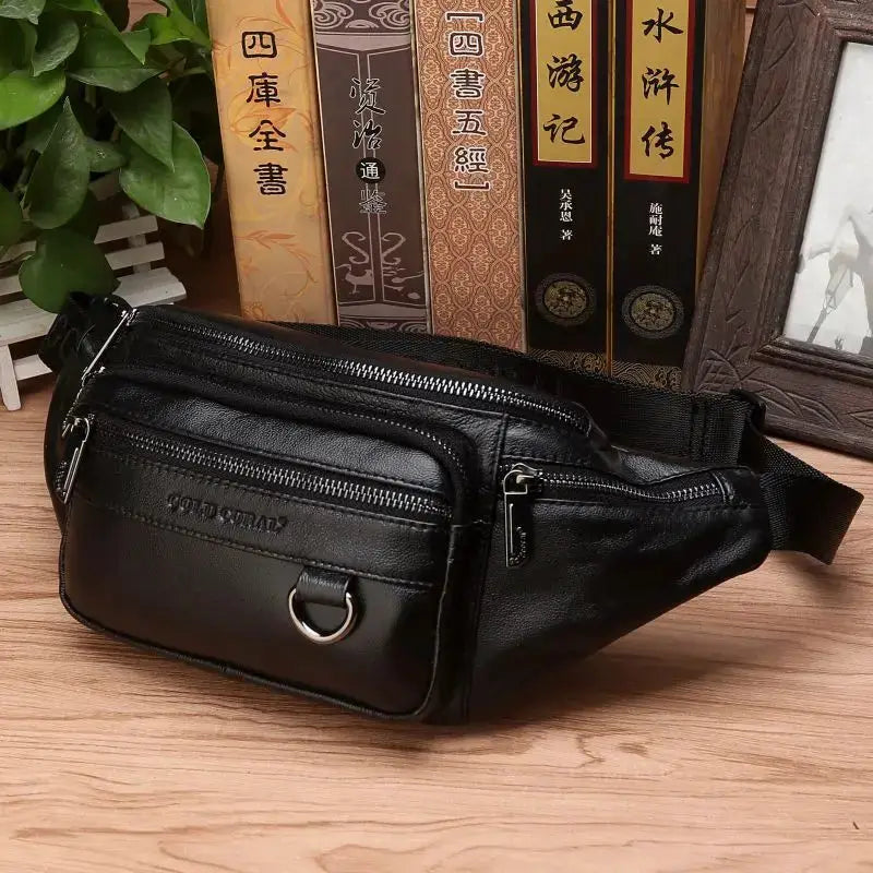 Leather waist bag by Simples Market, black genuine leather crossbody fanny pack with multiple zip pockets.