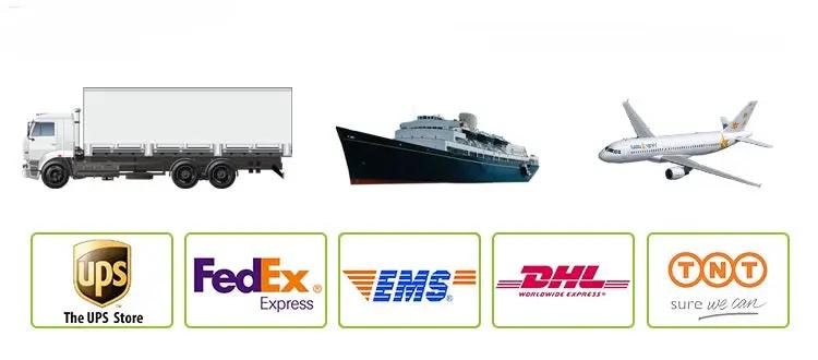 Collage of 3 transport icons (truck, ship, airplane) and 5 courier logos (UPS, FedEx, EMS, DHL, TNT)