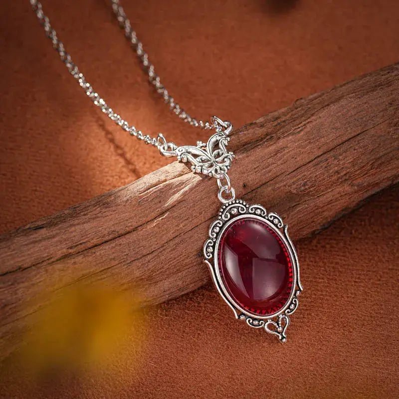Gothic Blood Red Quartz Charm Necklace With Oval Pendant For Women Halloween Vampire Embossed Witch Jewelry Vintage Chokers - Simples Market