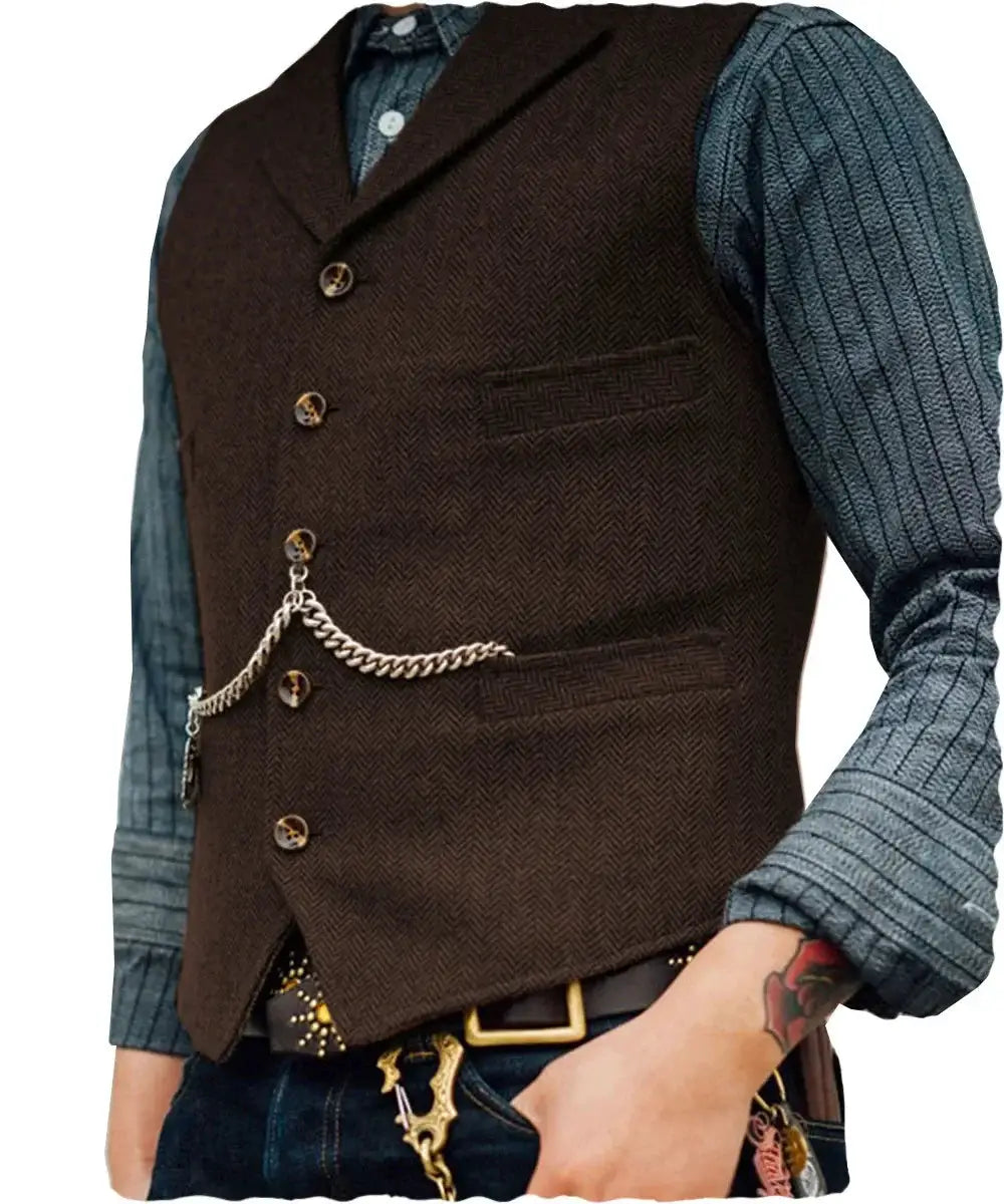 Men's wool tweed vest waistcoat in brown with chain accent