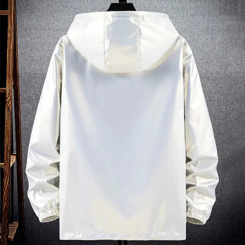 Men's shiny silver hooded windbreaker jacket; lightweight waterproof coat