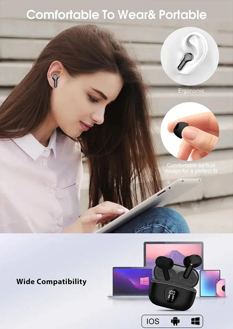 Wireless Earbuds by Simples Market; ergonomic black in-ear design with charging case and wide iOS/Android/Windows support