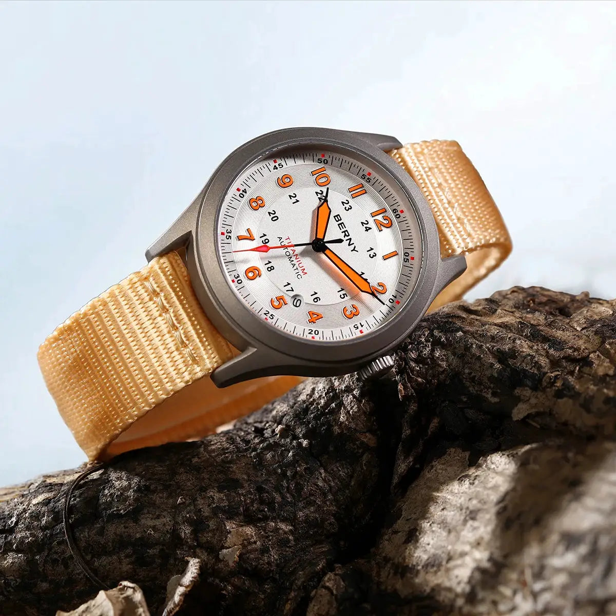 BERNY automatic full titanium men's watch with orange numerals, white dial, beige nylon strap