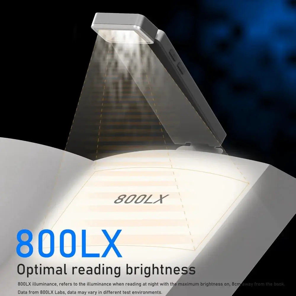 LED rechargeable clip-on book light, gray, adjustable brightness, clips to pages for reading.