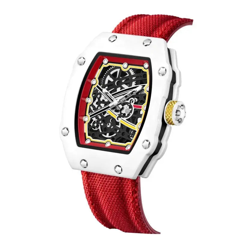 Watch, white tonneau skeleton quartz with red bezel and red nylon strap