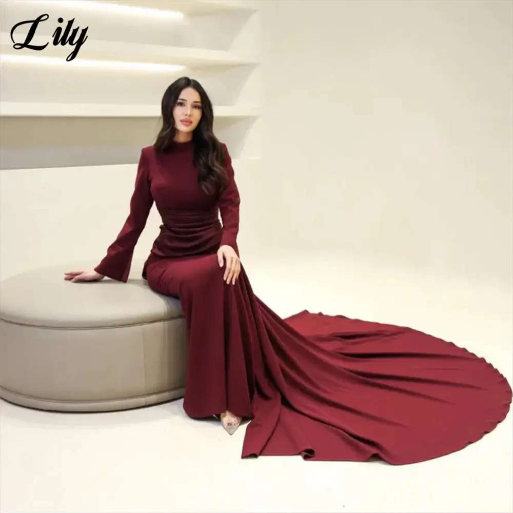 Lily Burgundy Satin Mermaid Prom Dress With High Neck Sleeves Dubai