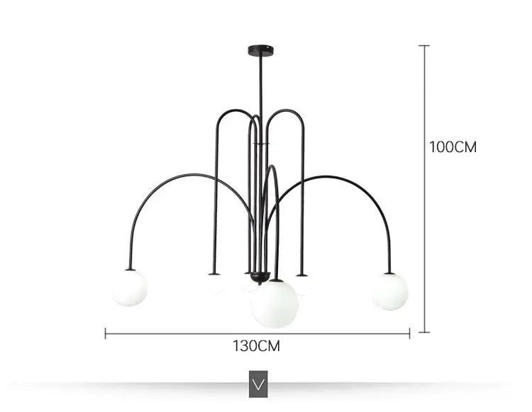 Nordic minimalist pendant light by Simples Market; black metal chandelier with curved arms and white glass globes
