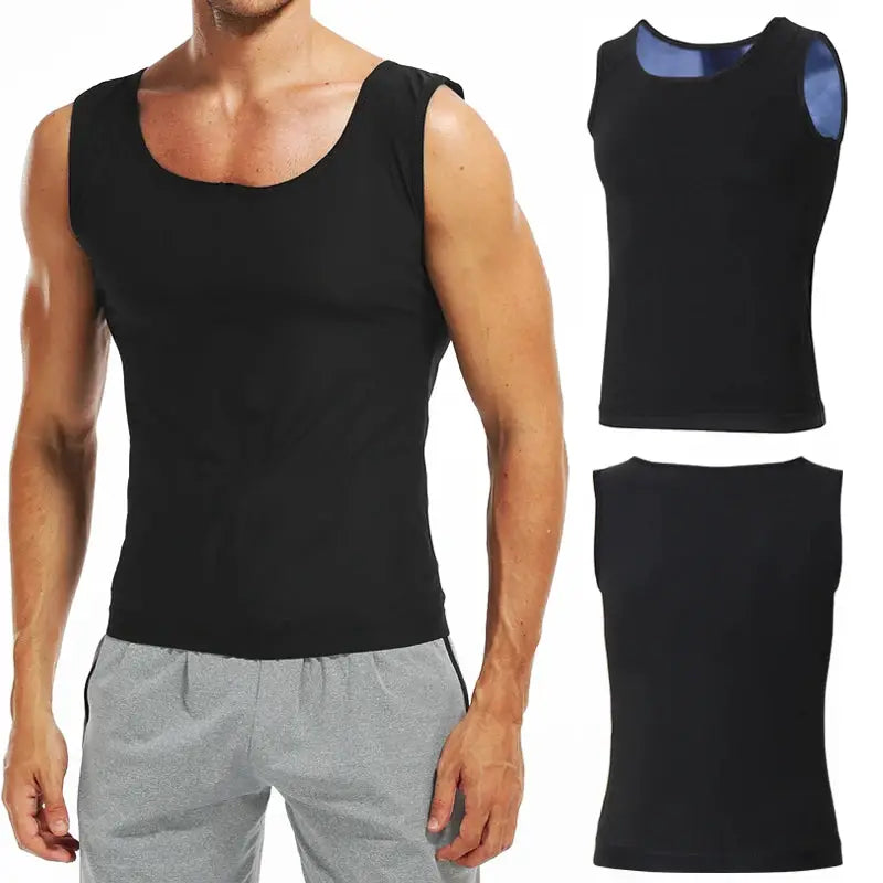 Men's abdomen reducer body shaper sauna vest by Simples Market; black sleeveless waist trainer with side and back views