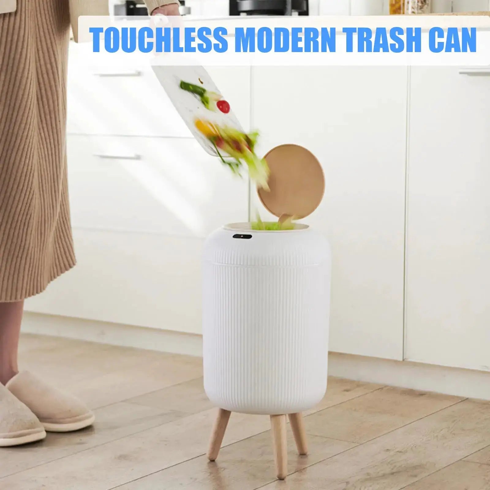 Automatic trash can with lid, compact white plastic, motion-sensor by Simples Market