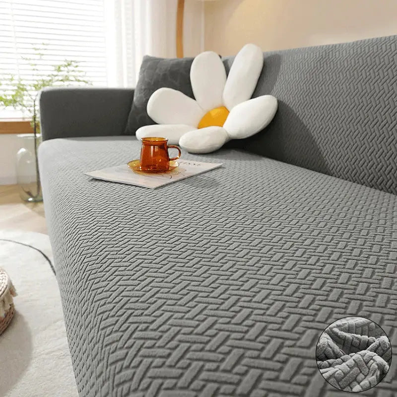 Elastic jacquard sofa cover for gray L-shaped corner sectional by Simples Market; textured weave