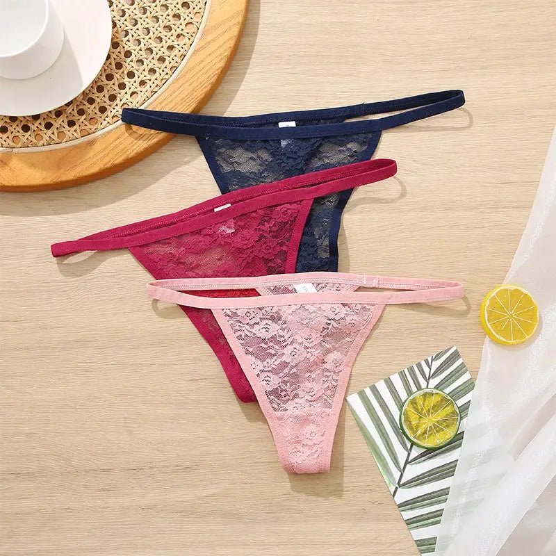 3-pack lace thong panties set in navy, magenta, and pink by Simples Market
