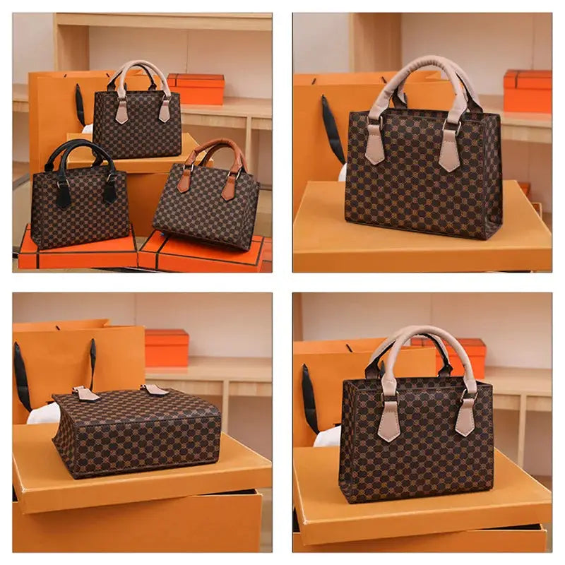 Top-handle plaid PU leather handbags, set of 4 brown-toned totes with beige/black handles