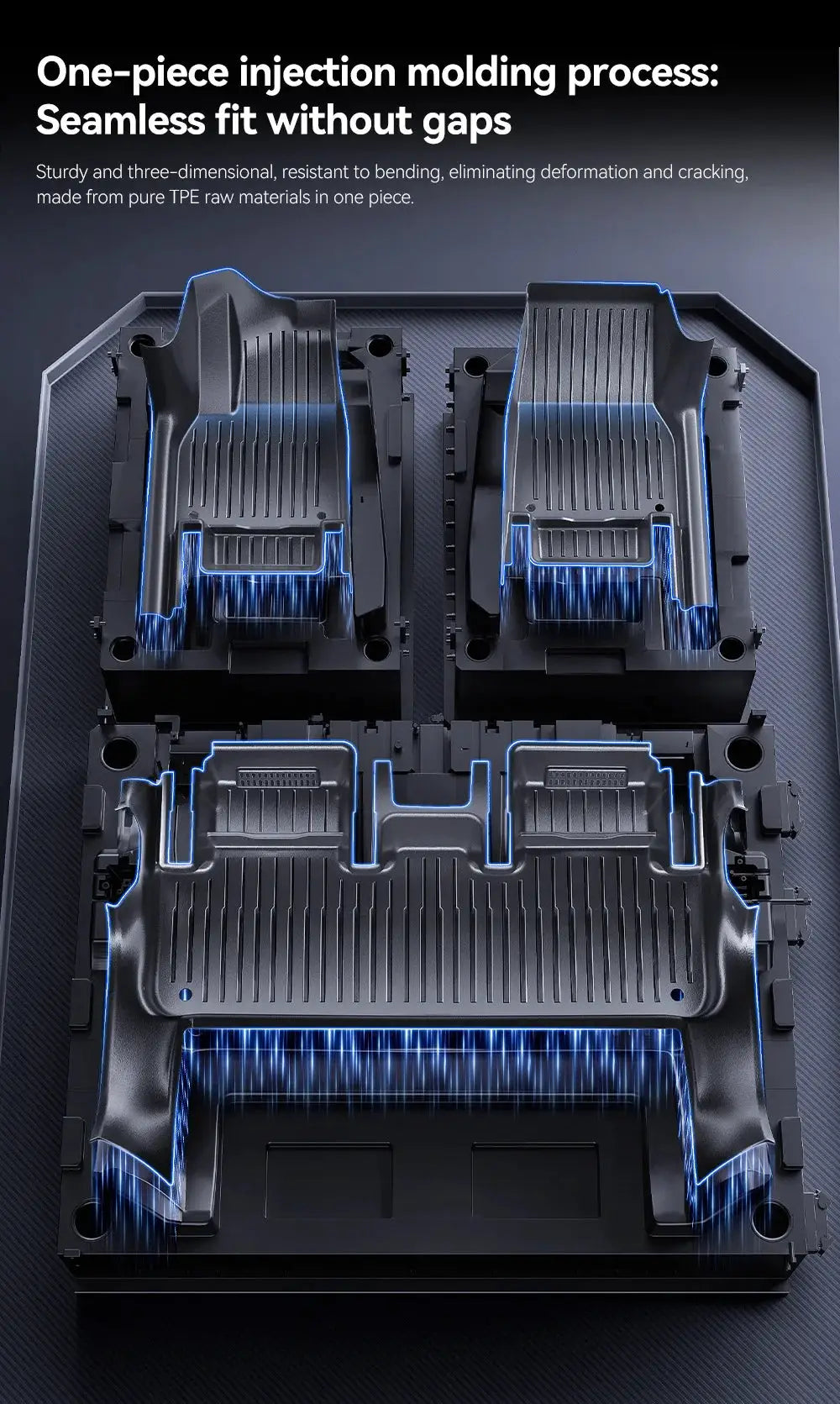 Simples Market YZ 4-piece full-cover floor mats for Tesla Model Y (2025–2026) in black TPE, waterproof anti-slip.