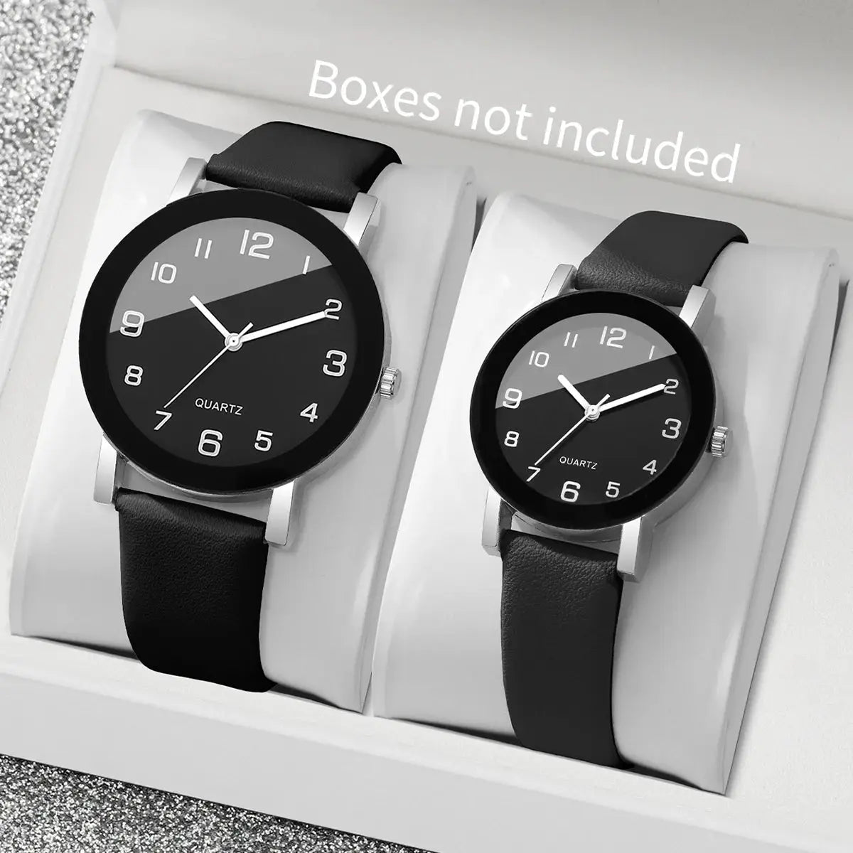 Couple watches set with black dial, leather straps for men and women; 2-piece quartz, boxes not included.
