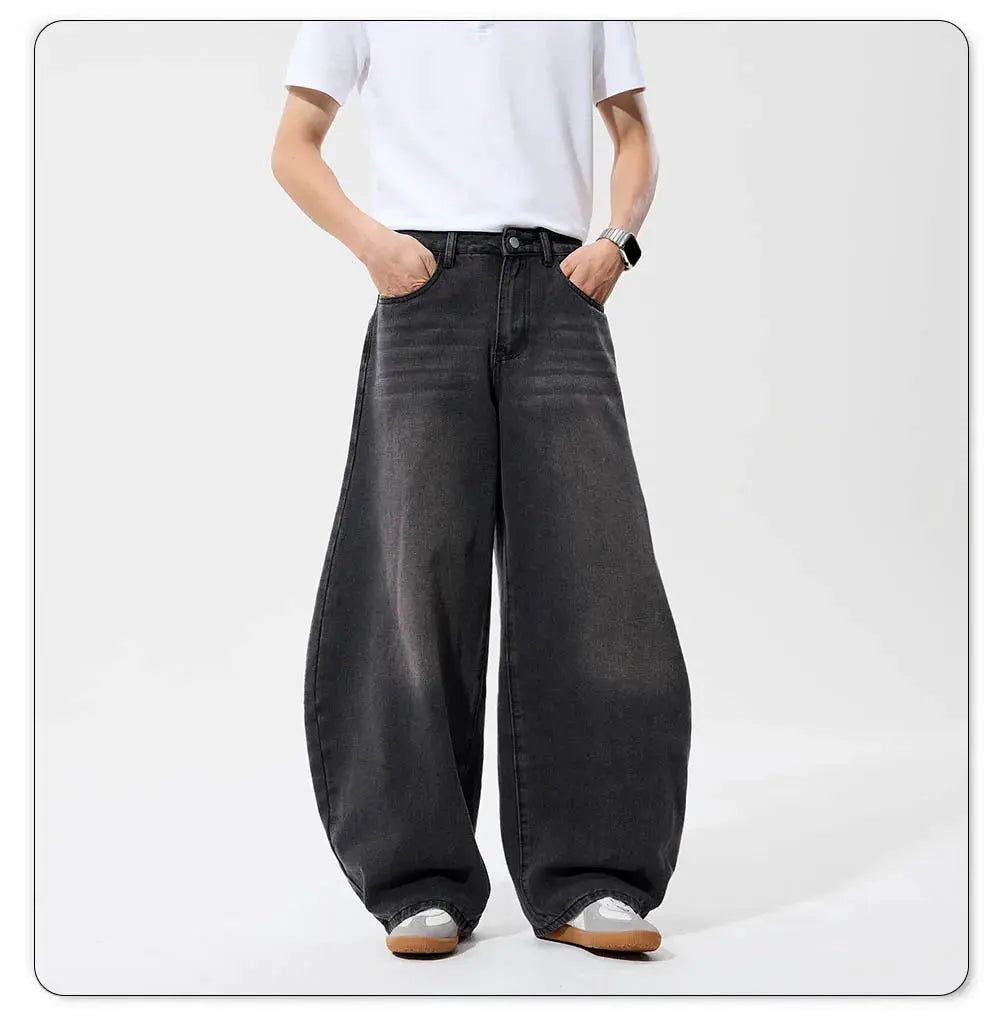 Men's baggy wide-leg grey-black denim jeans with a relaxed retro streetwear look