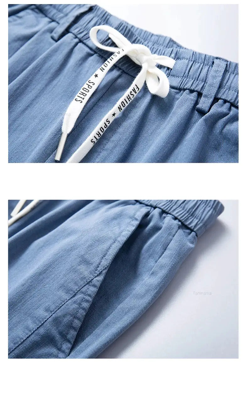 Simples Market men's casual pants with elastic waist, blue drawstring, slim straight fit.
