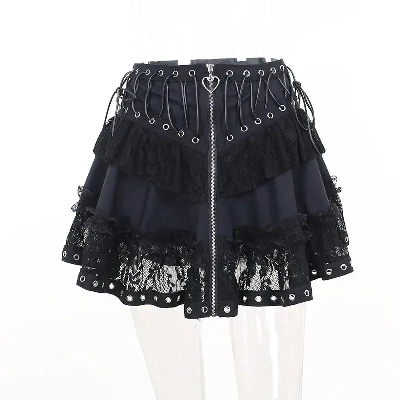 Gothic punk mini skirt in black with lace and ruffle layers, high-waist with front zipper and metal grommets