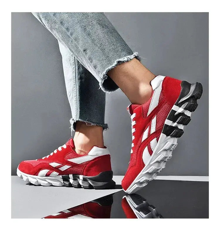 Brand Trend men's red wear-resistant cushioning thick-soled running sneakers with white side stripes for outdoor use