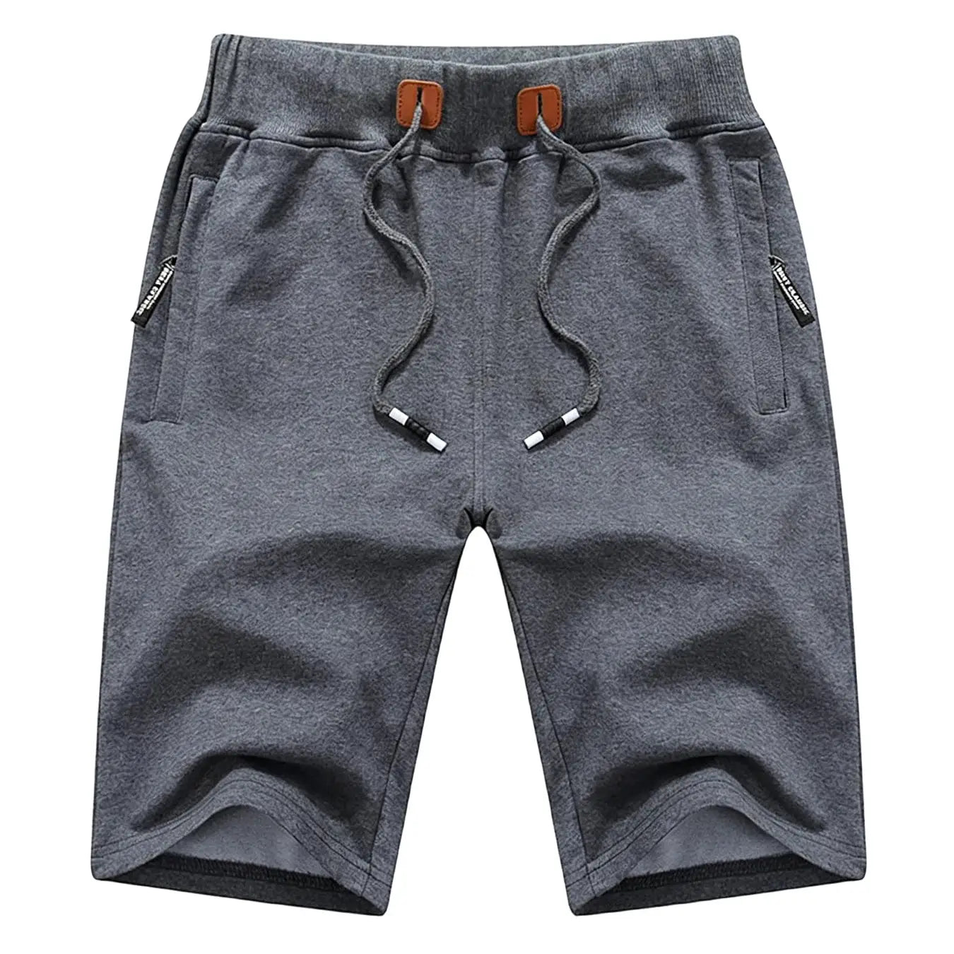 Men's grey cotton jogger shorts with drawstring waist and zippered side pockets