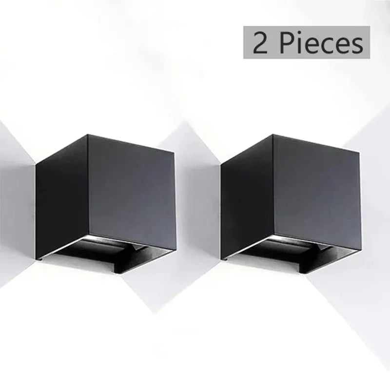 LED wall lights, 2 pieces, black cube finish, surface-mounted IP65 waterproof for outdoor/indoor use