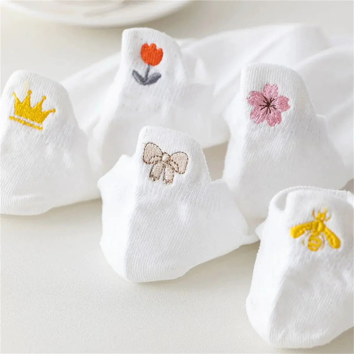 Five Pairs Embroidered Breathable Mesh White Socks For Women Featuring Crown Heart Bee Sakura And Bowknot Designs