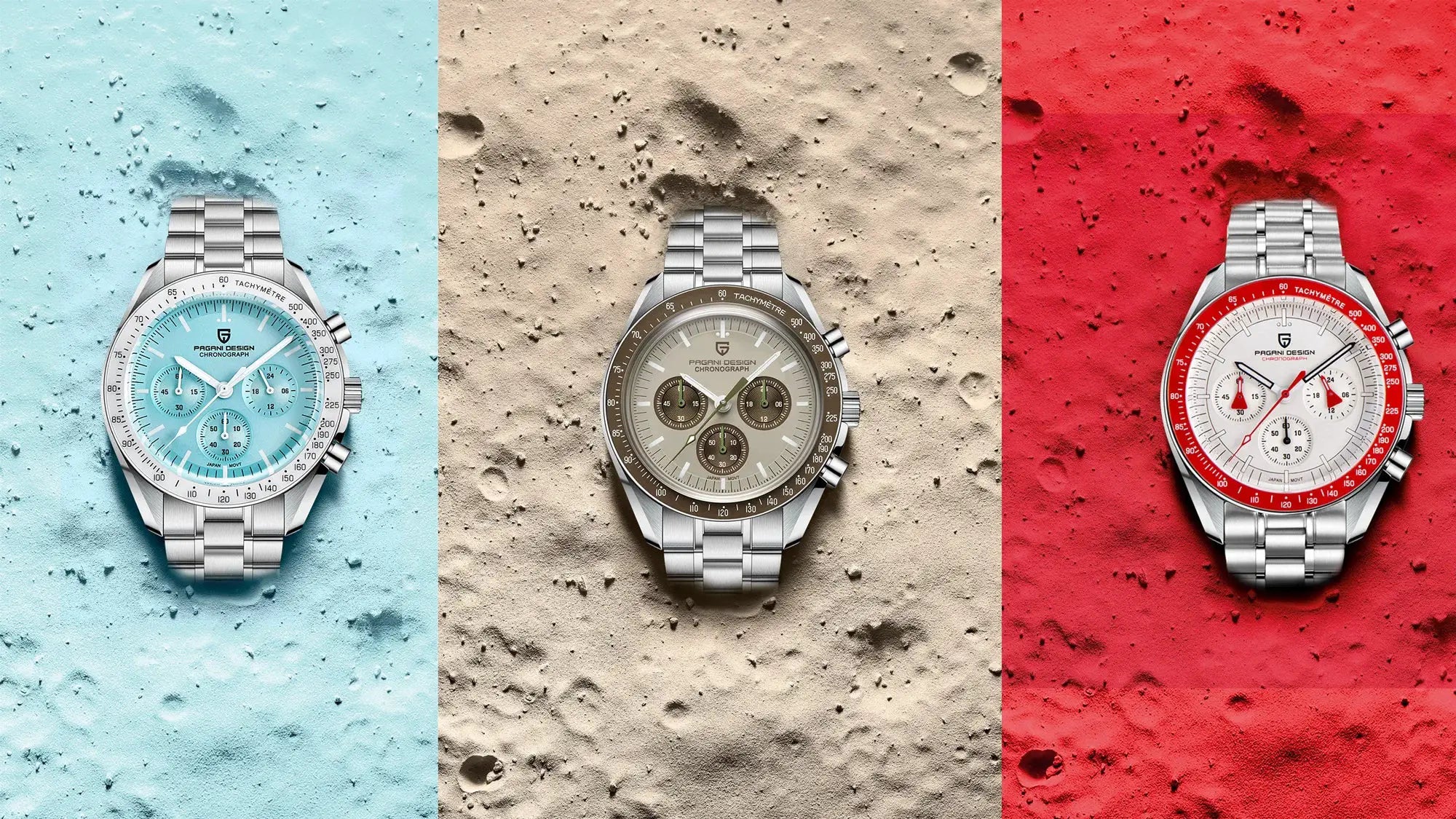 Pagani Design chronograph watches; three stainless steel models with turquoise, beige, and white dials