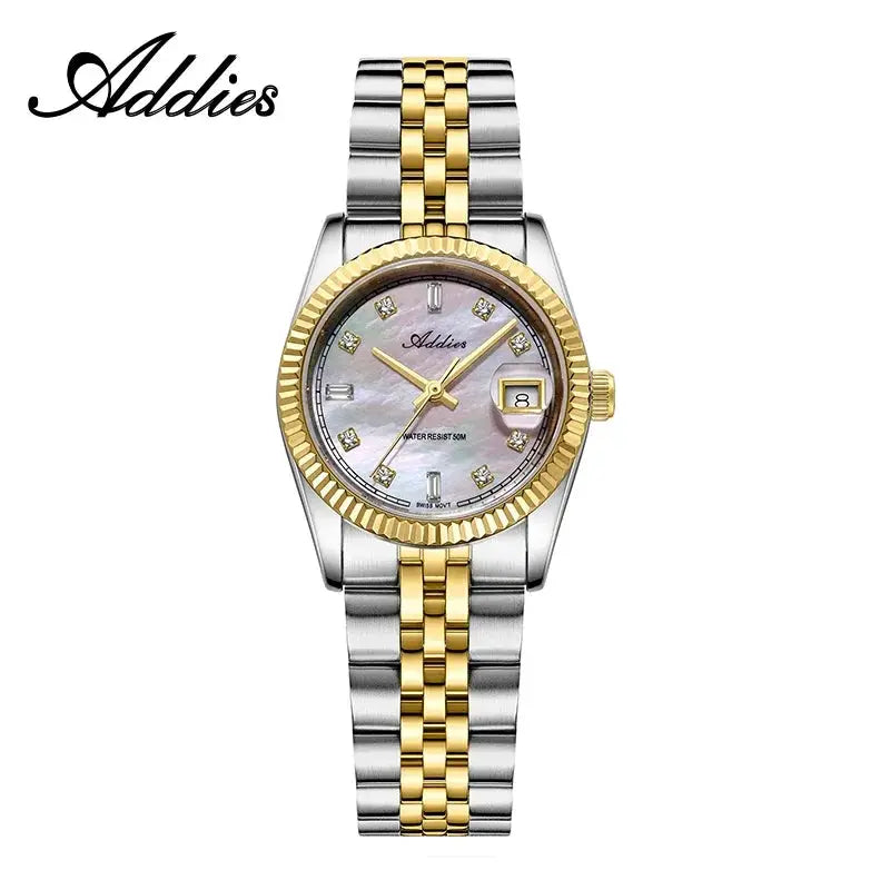 Addies two-tone stainless steel luxury women's watch with gold bezel, mother-of-pearl dial, 50m water resistant
