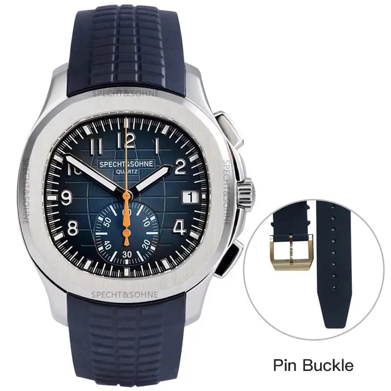 Specht & Söhne New Classic 5167 men's watch with blue dial, stainless case, navy rubber strap, sapphire crystal