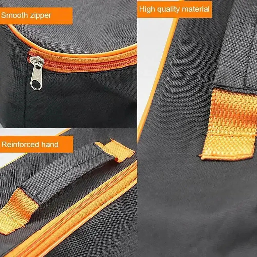 Portable tool bag with Oxford fabric, orange zipper, and reinforced handle for waterproof garage storage